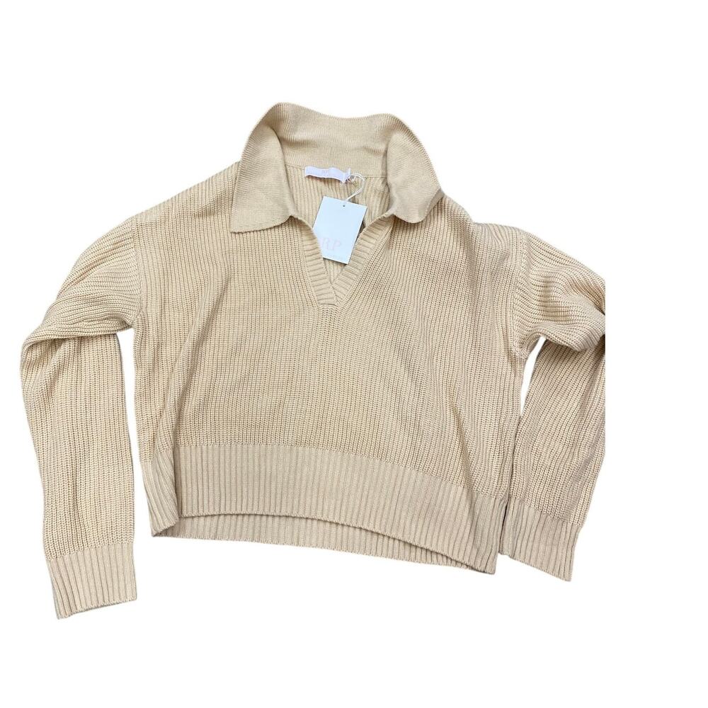 Rachel Parcell Collar V-Neck Sweater, Long Sleeve, Tan, Bleached Sand, Large NWT - Picture 2 of 9